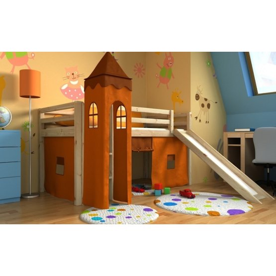 Dětská vyvýšená postel Gabi s věží a skluzavkou - borovice