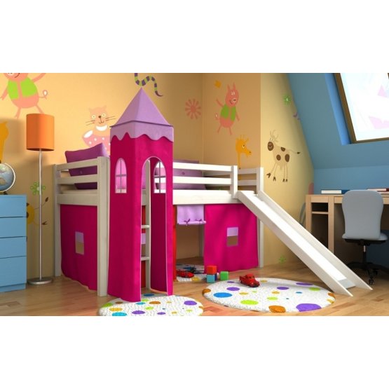 Dětská vyvýšená postel Gabi s věží a skluzavkou - bílá