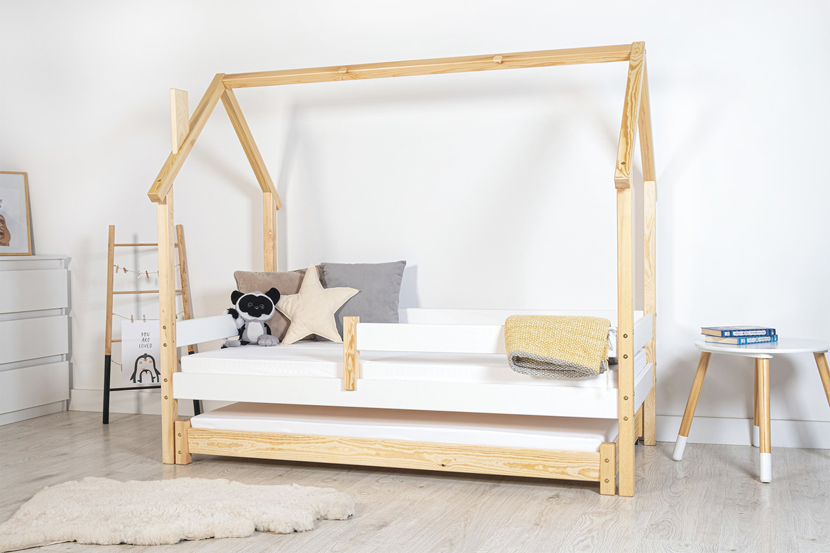 Dětská domečková postel Frank SCANDI - bílá-přírodní - postel domeček + výsuvná přistýlka s matrací 200x90 cm