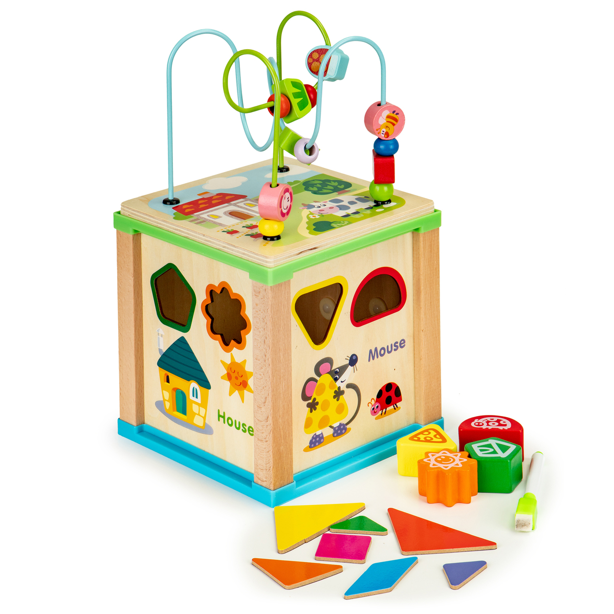 Multifunkční vzdělávací hračka s labyrintem a tabulkou Educational wooden cube