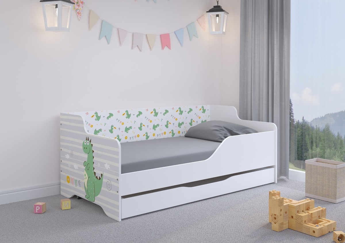 Dětská postel se zády LILU 160 x 80 cm - Dino - postel + přistýlka - zábrana (A - levá)