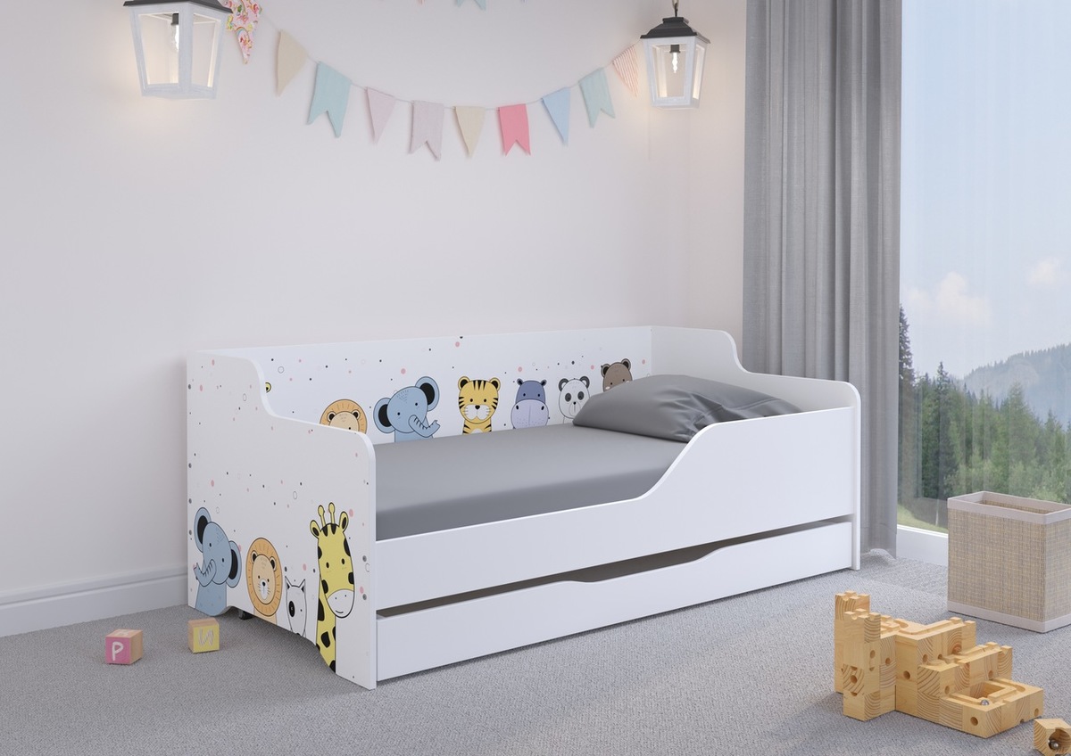 Dětská postel se zády LILU 160 x 80 cm - ZOO - postel + úložný prostor - zábrana (A - levá)