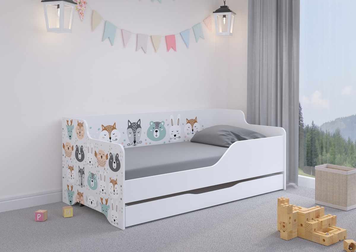 Dětská postel se zády LILU 160 x 80 cm - Zvířátka - postel bez úložného prostoru - zábrana (A - levá)