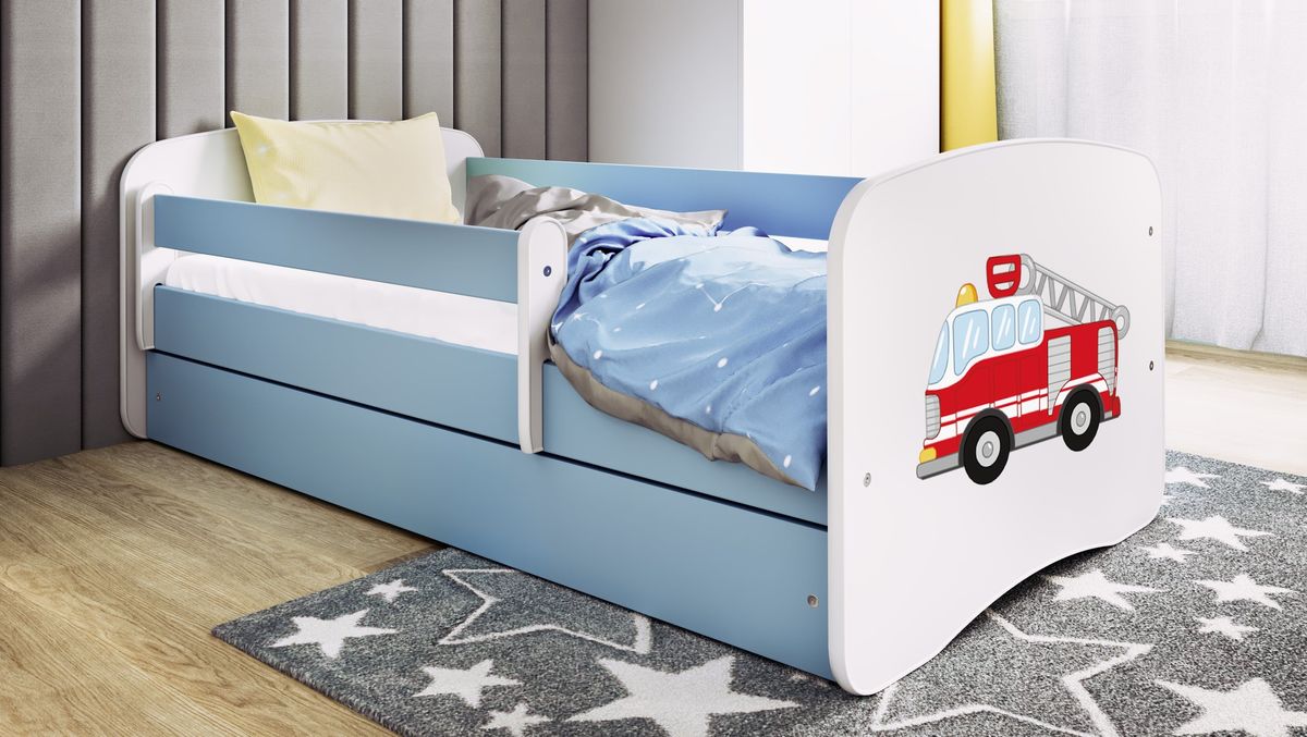 Dětská postel se zábranou Ourbaby - Hasičské auto - modrá - postel bez úložného prostoru 160x70 cm