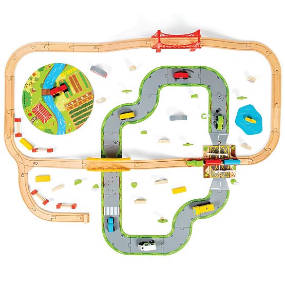 Bigjigs Rail Dřevěná vláčkodráha s venkovskou cestou 80 dílů