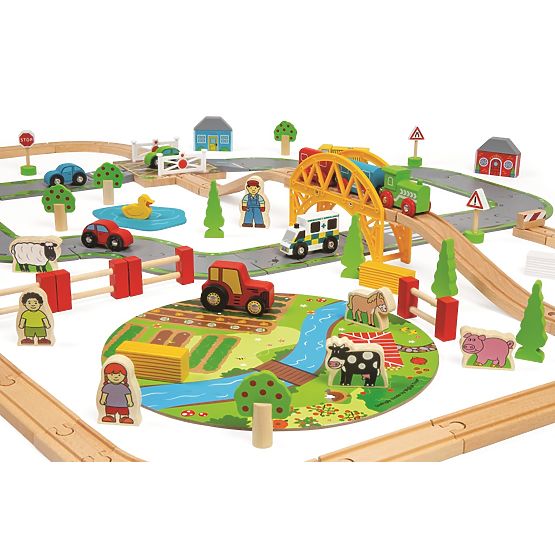 Bigjigs Rail Dřevěná vláčkodráha s venkovskou cestou 80 dílů