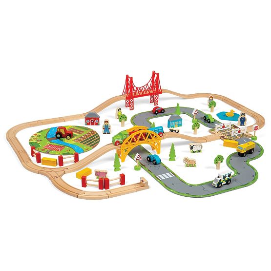 Bigjigs Rail Dřevěná vláčkodráha s venkovskou cestou 80 dílů