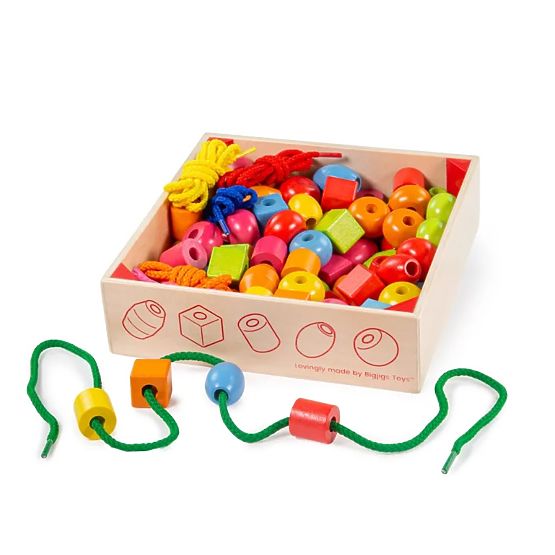 Bigjigs Toys Dřevěné navlékací korálky v dóze