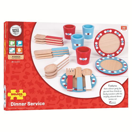 Bigjigs Toys Dřevěný jídelní servis s puntíky