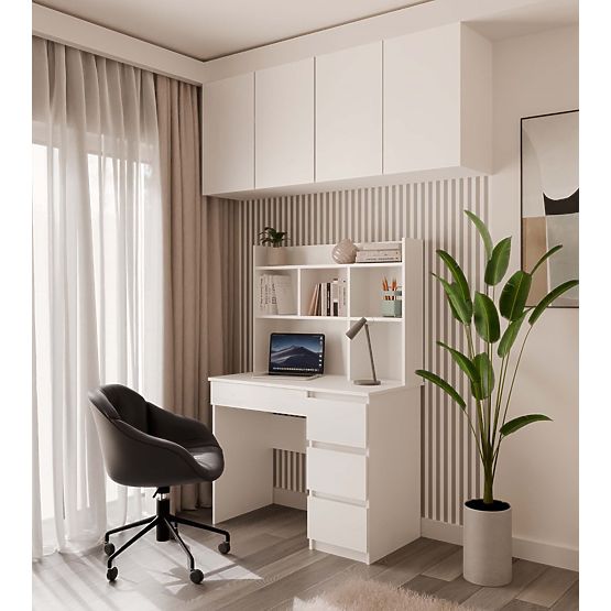 Biurko MIJAS Lewe Z Nadstawką Biel Mat 4 Szuflady 4 Półki Do Biura Pokoju