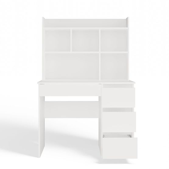 Biurko MIJAS Prawe z Nadstawką Biel Mat 4 Szuflady 4 Półki Do Biura Pokoju