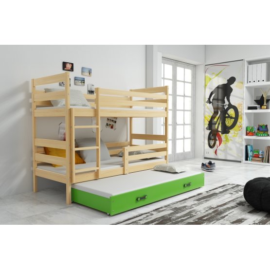 Dětská patrová postel s přistýlkou Erik - přírodní-zelená