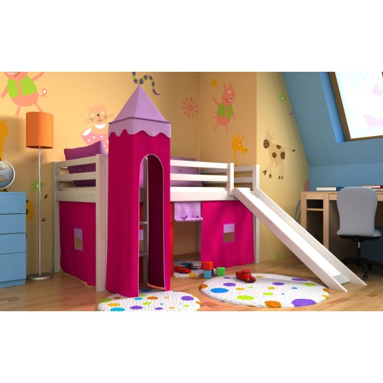 Dětská vyvýšená postel Gabi s věží a skluzavkou - bílá