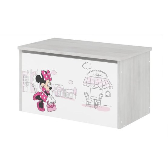 Dřevěná truhla na hračky - Minnie Mouse v Paříži - dekor norská borovice