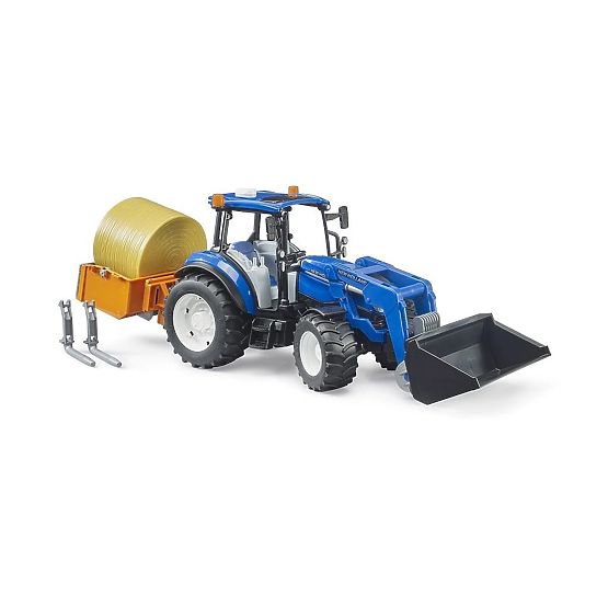 Bruder Traktor New Holland T5.120 s čelním nakladačem, korbou, vidlemi a kulatým balíkem