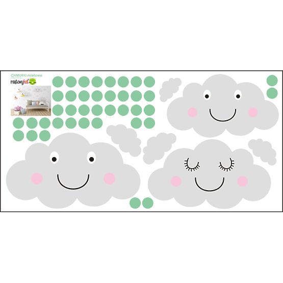 Dekorace na zeď - veselé mráčky + mátové puntíky