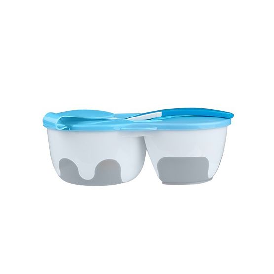 Dětská dvoukomorová miska s lžičkou Baby Ono modrá 200 a 150 ml