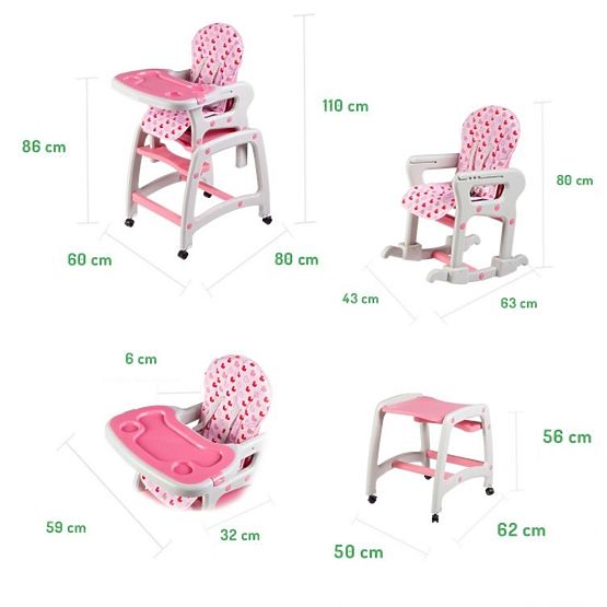 Dětská jídelní židlička 3v1 - růžová