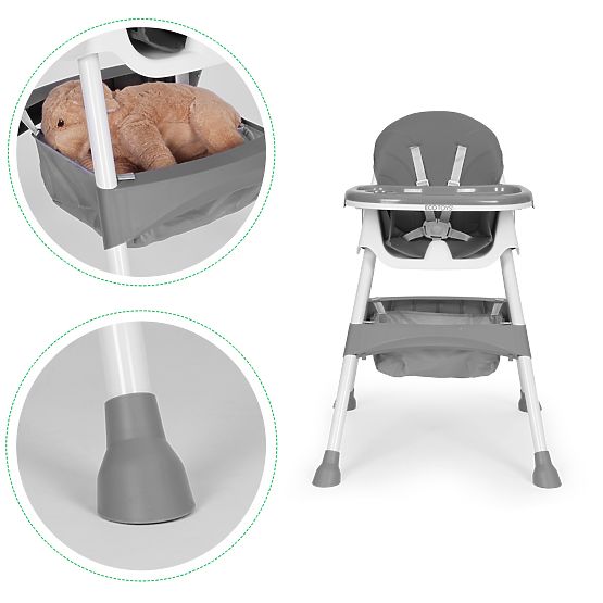 Dětská jídelní židlička s podnosem, košem, 5bodovými pásy, šedá ECOTOYS