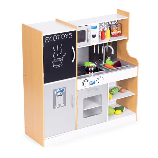 Dětská kuchyňka se zvukem a LED tabule křídová kovové doplňky MDF +3 roky ECOTOYS