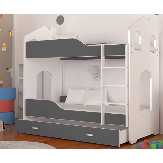 Dětská patrová postel Dominik domeček - bílo-šedá