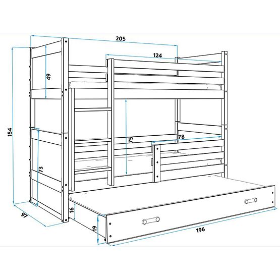 Dětská patrová postel s přistýlkou Rocky - přírodní-šedá