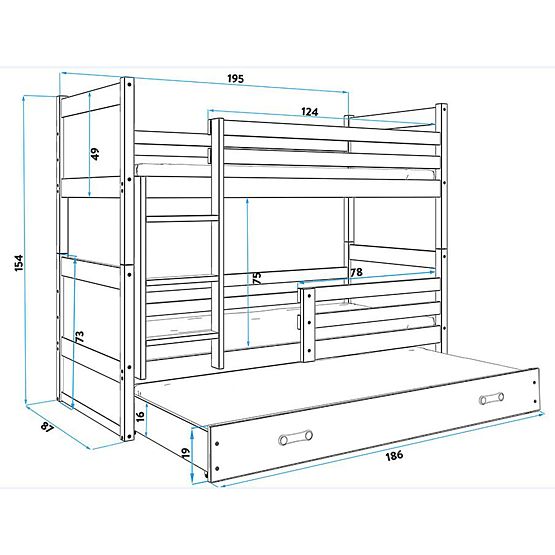 Dětská patrová postel s přistýlkou Rocky - přírodní-šedá