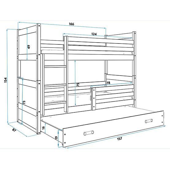Dětská patrová postel s přistýlkou Rocky - přírodní-šedá
