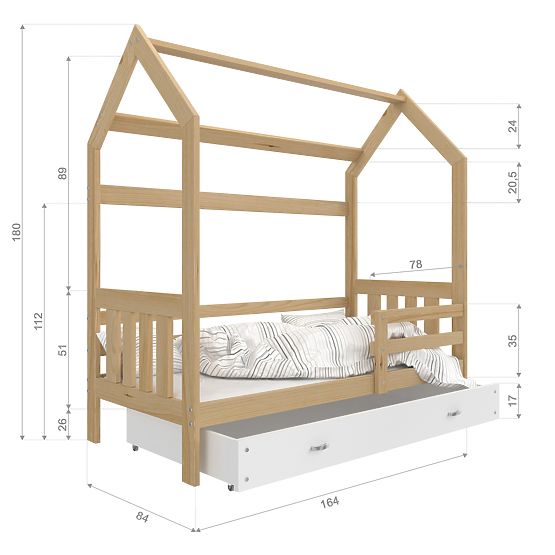 Dětská postel domeček Filip - přírodní-šedá