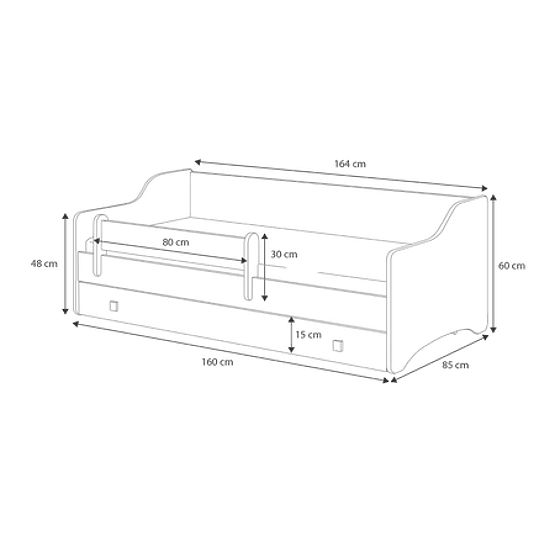 Dětská postel ERYK s šuplíkem a zábranou 160x80 růžový panel