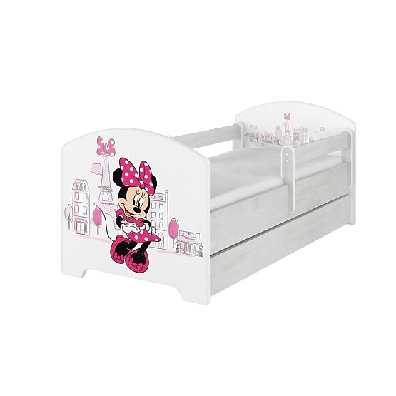 Dětská postel se zábranou - Minnie Mouse v Paříži - dekor norská borovice