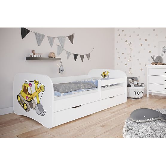 Dětská postel se zábranou Ourbaby - bagr- bílý