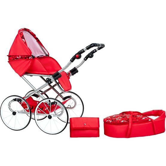 Dětský Retro kočárek pro panenky 2v1 New Baby Elen červený se srdíčky