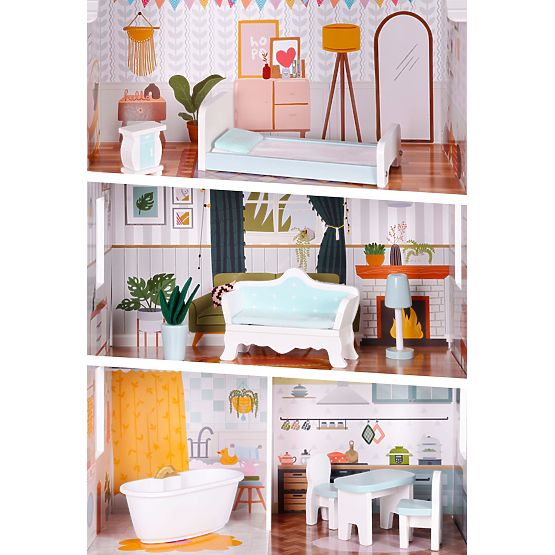 Domeček pro panenky Alice 3 patra 4 pokoje sada 9 nábytků ECOTOYS