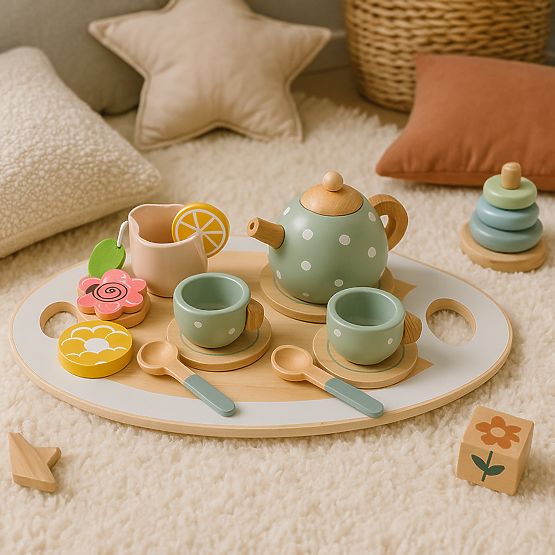 Dřevěná čajová sada konvička šálky 14 kusů ECOTOYS