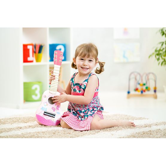 Dřevěná dětská kytara kovové struny trsátko růžová ECOTOYS