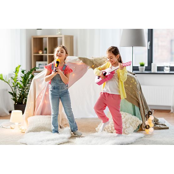 Dřevěná dětská kytara kovové struny trsátko růžová ECOTOYS