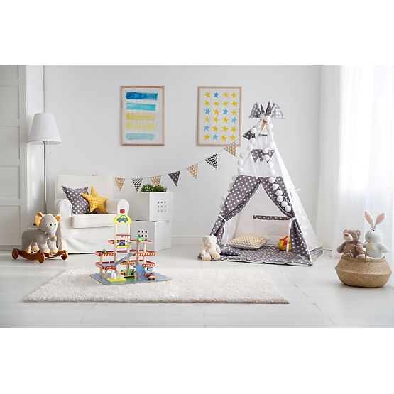 Dřevěná garáž Tomi s výtahem, autíčky a helikoptérou