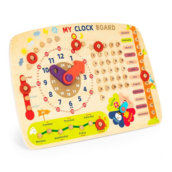 Dřevěná manipulační tabule pro děti kalendář hodiny ECOTOYS