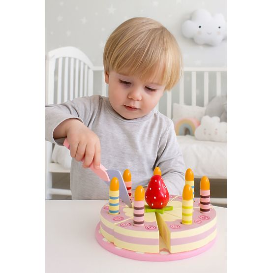 Dřevěná sada dortu na suchý zip svíčky jahoda pro děti 15 prvků ECOTOYS