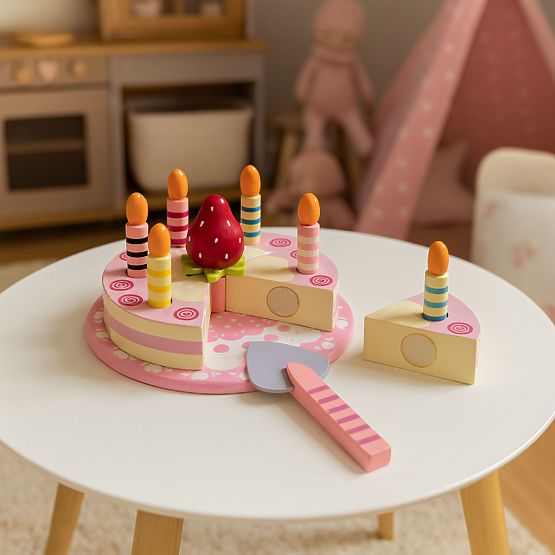 Dřevěná sada dortu na suchý zip svíčky jahoda pro děti 15 prvků ECOTOYS