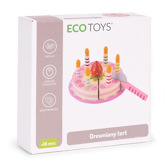 Dřevěná sada dortu na suchý zip svíčky jahoda pro děti 15 prvků ECOTOYS