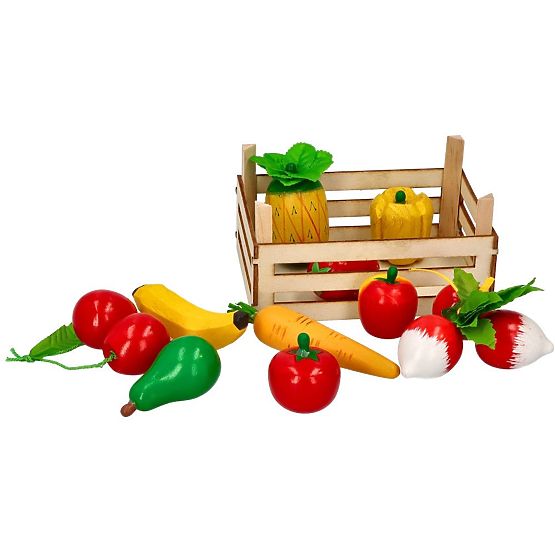Dřevěné ovoce a zelenina v bedýnce