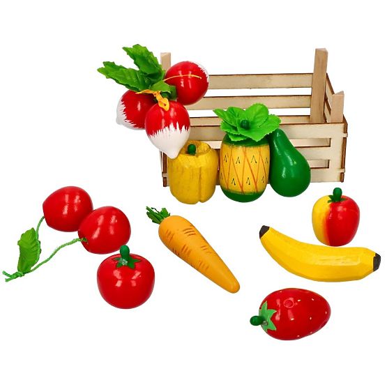 Dřevěné ovoce a zelenina v bedýnce