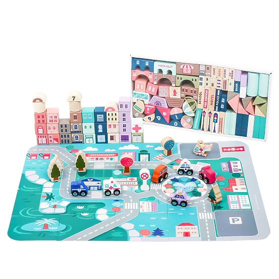 Dřevěné vzdělávací kostky město s podložkou 115 ks ECOTOYS