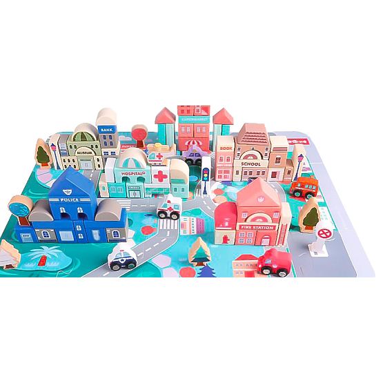 Dřevěné vzdělávací kostky město s podložkou 115 ks ECOTOYS