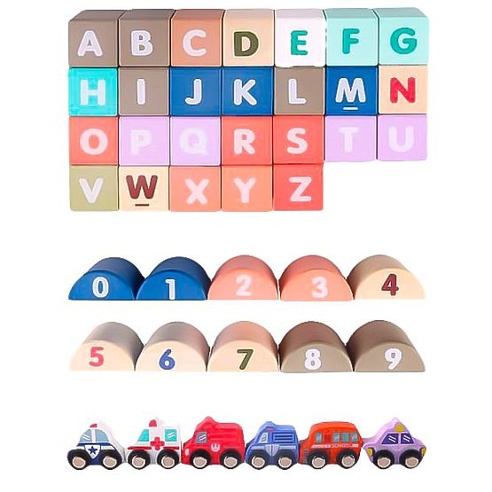 Dřevěné vzdělávací kostky město s podložkou 115 ks ECOTOYS