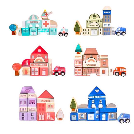 Dřevěné vzdělávací kostky město s podložkou 115 ks ECOTOYS