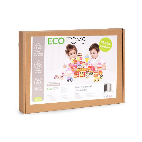 Dřevěné vzdělávací kostky sada - Cukrové město 116 ks ECOTOYS