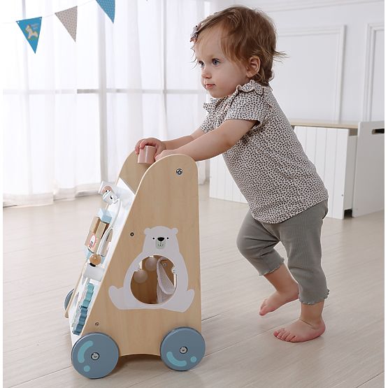 Dřevěný chodítko pro děti s pohyblivými prvky ECOTOYS